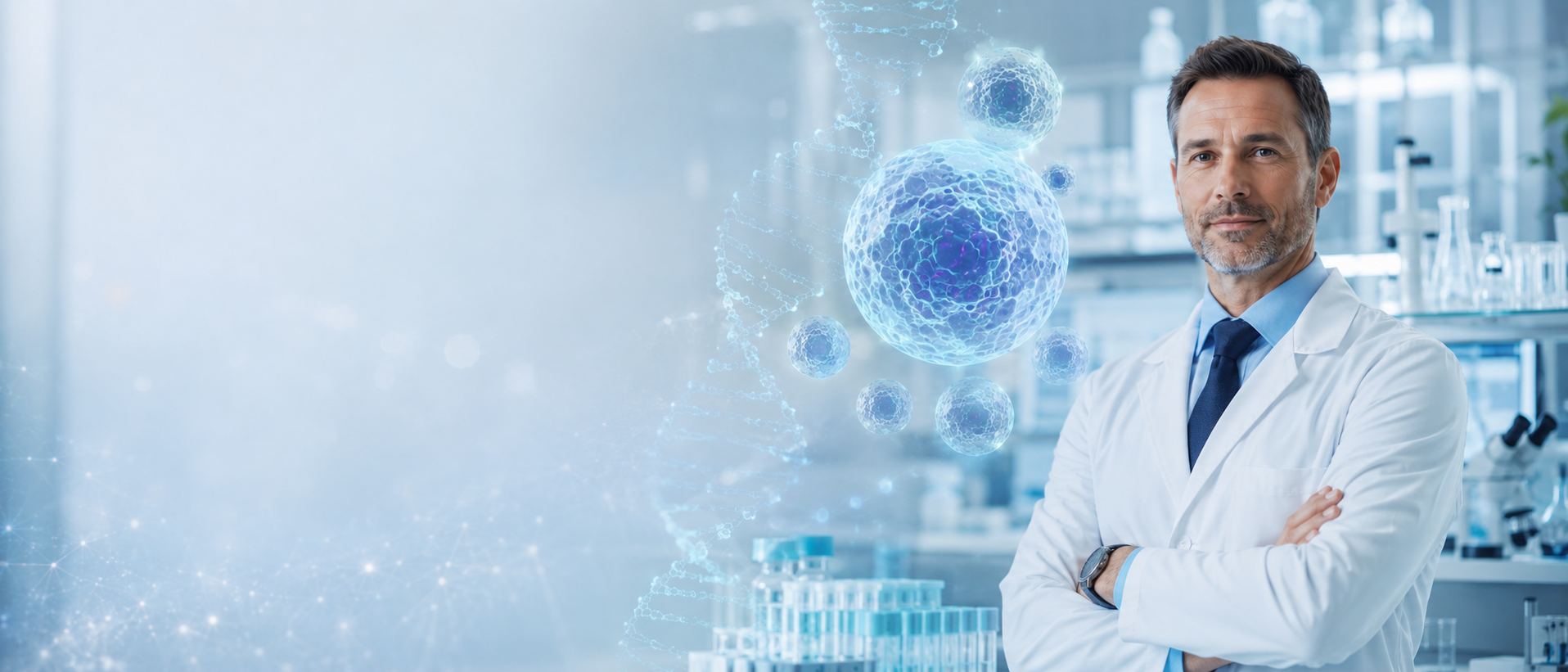 Turkey Stem Cell physician with donor-derived allogeneic NK cell and DNA visualization in an Istanbul clinical laboratory