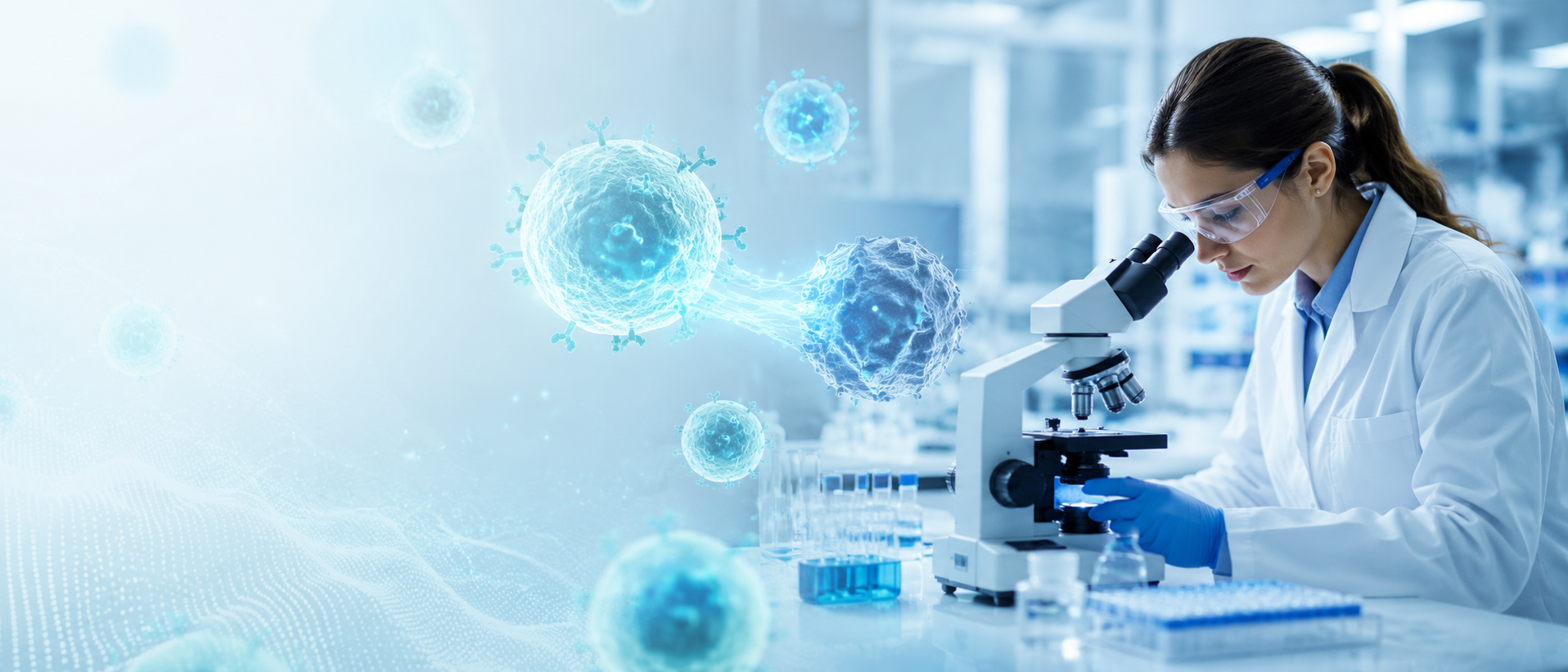 Stem cell laboratory scientist in Istanbul examining a CAR T-cell preparation under a microscope