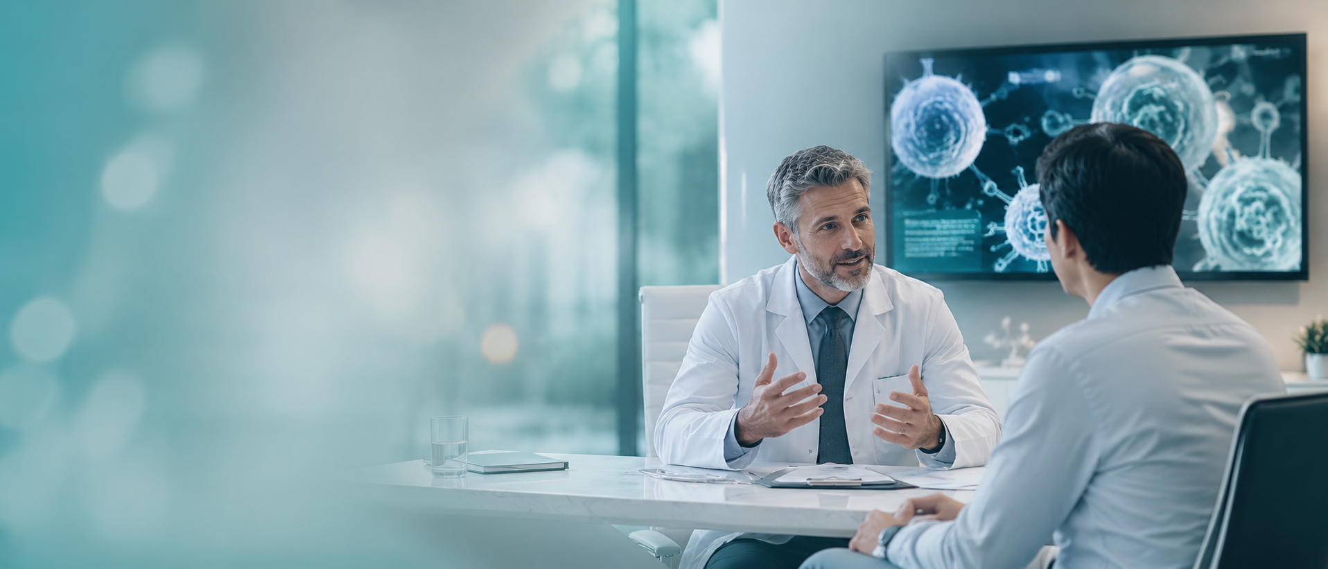 Turkey Stem Cell physician consulting a patient about Natural Killer cell therapy in Istanbul with cellular research imagery