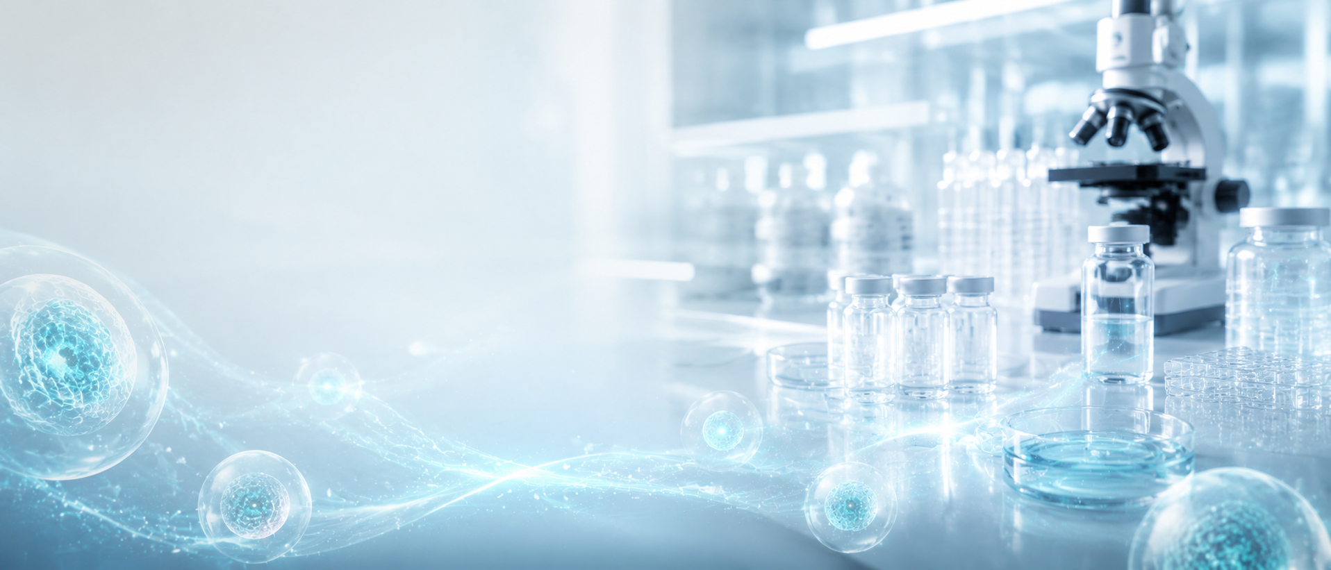 Stem cell laboratory bench in Istanbul with Muse cell therapy preparation vials and microscope