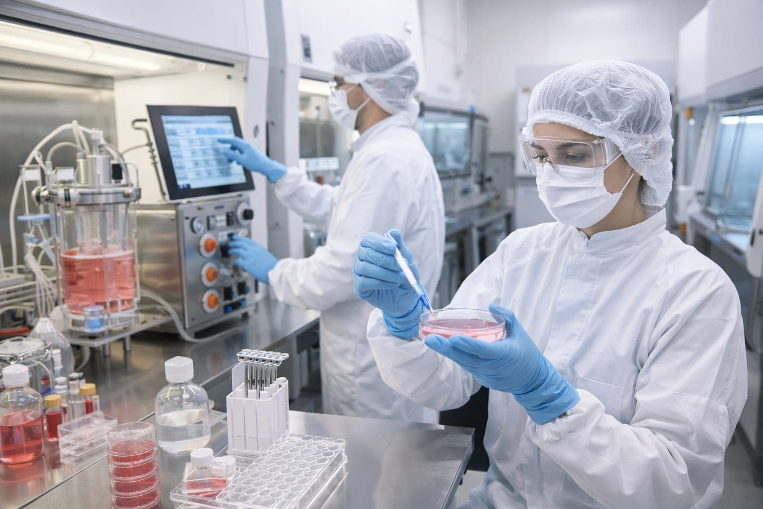 GMP-certified regenerative medicine laboratory at TurkeyStemcell in Turkey showing scientists performing quality control testing on MSC-derived exosome preparations using nanoparticle tracking analysis, Western blot verification of tetraspanin markers CD9 CD63 CD81, USP sterility screening, and endotoxin testing before clinical release