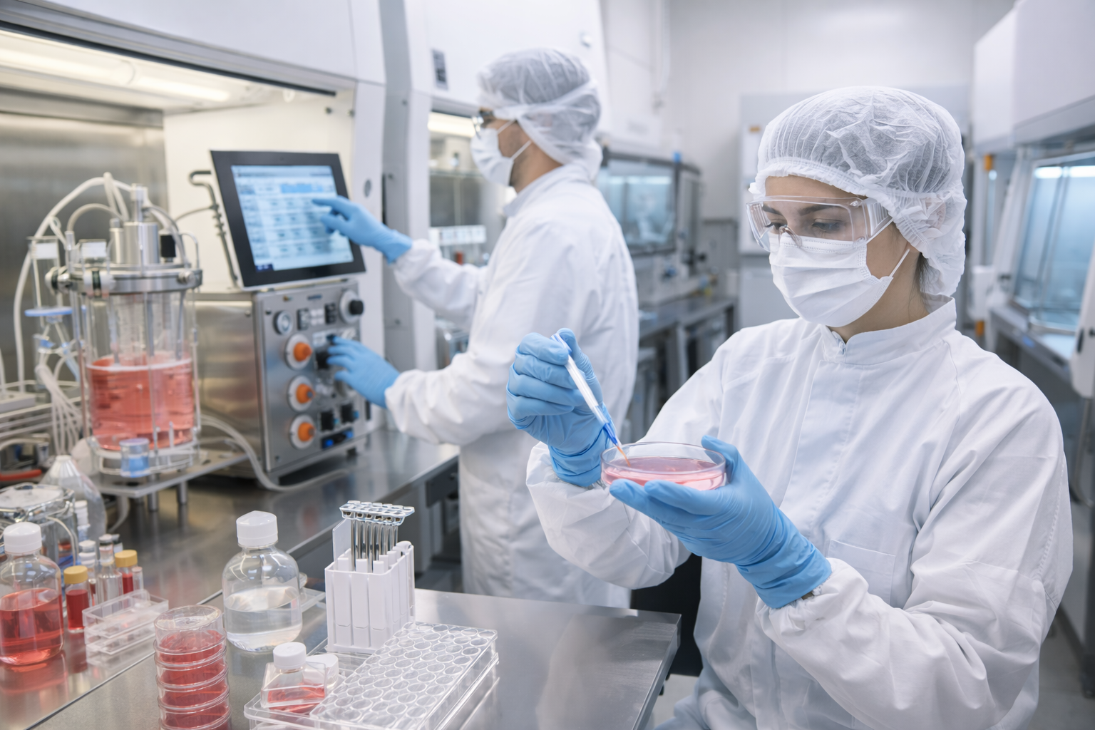 GMP-certified regenerative medicine laboratory at TurkeyStemcell in Turkey showing scientists performing quality control testing on MSC-derived exosome preparations using nanoparticle tracking analysis, Western blot verification of tetraspanin markers CD9 CD63 CD81, USP sterility screening, and endotoxin testing before clinical release