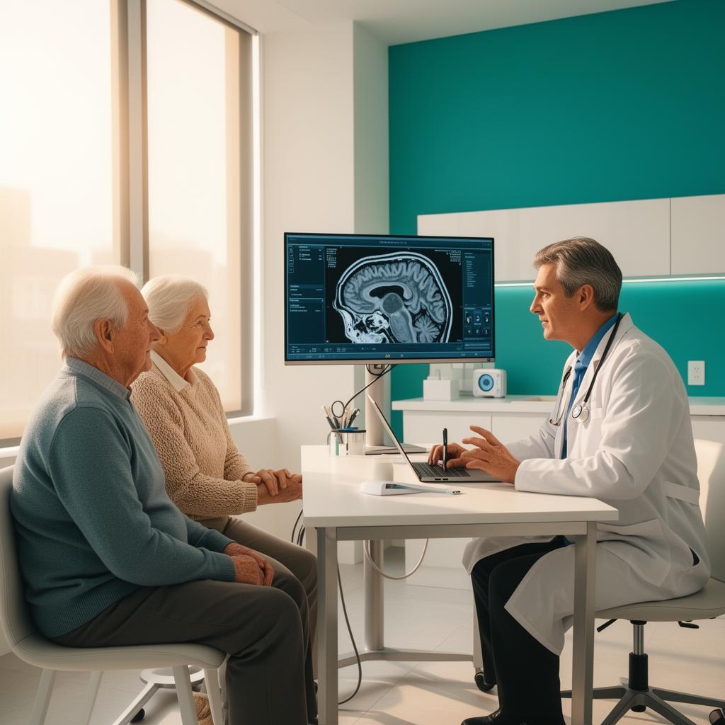 Elderly Alzheimer's patient and family member consulting with neurology specialist reviewing brain MRI scans at TurkeyStemcell clinic in Turkey