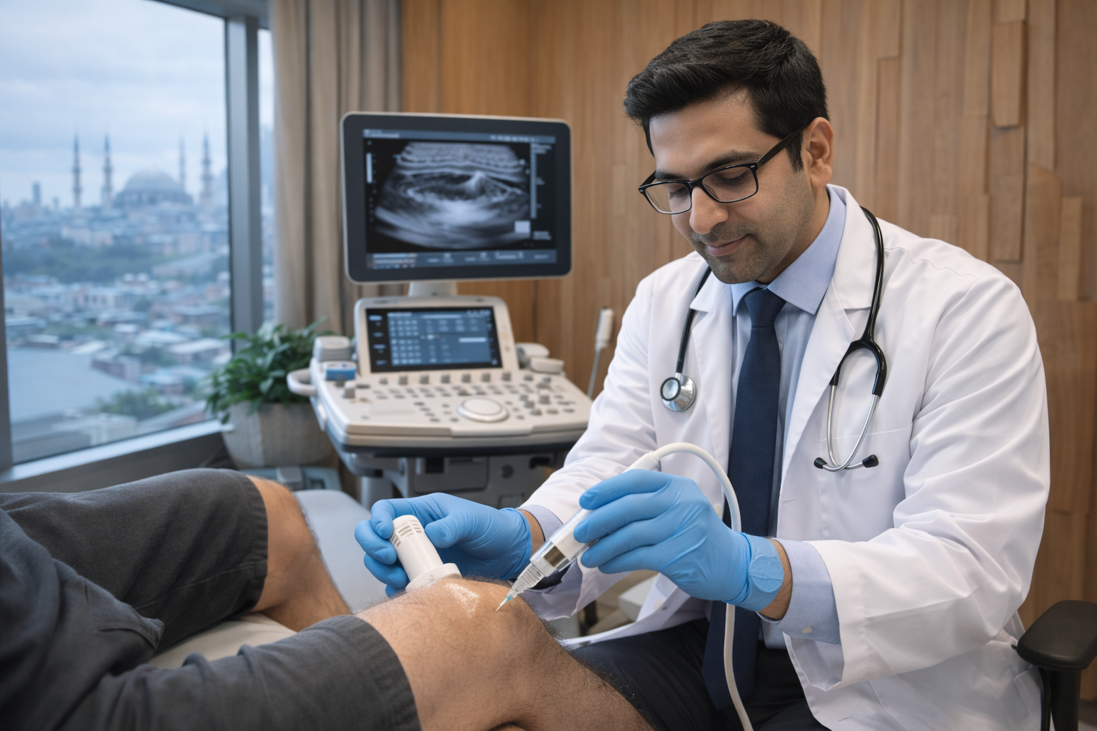 Orthopedic regenerative medicine specialist performing ultrasound-guided stem cell injection for knee arthritis treatment at TurkeyStemcell clinic in Turkey