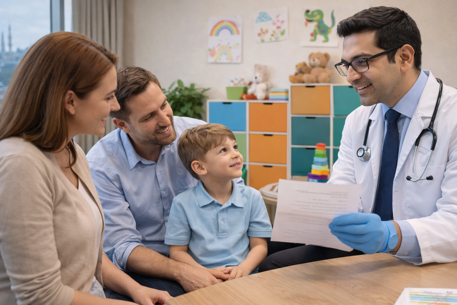 Compassionate regenerative medicine physician consulting with a family about autism stem cell therapy options at TurkeyStemcell clinic in Turkey, discussing personalized neurodevelopmental treatment protocols in a warm, child-friendly clinical environment
