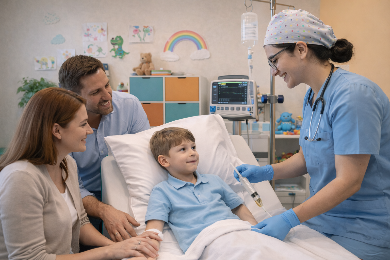 Supportive, child-friendly pediatric treatment room at TurkeyStemcell clinic designed for comfortable autism stem cell therapy sessions — featuring warm pastel colors, medical equipment adapted for sensory-sensitive children, and dedicated clinical staff providing compassionate family-centered care during regenerative treatment in Turkey