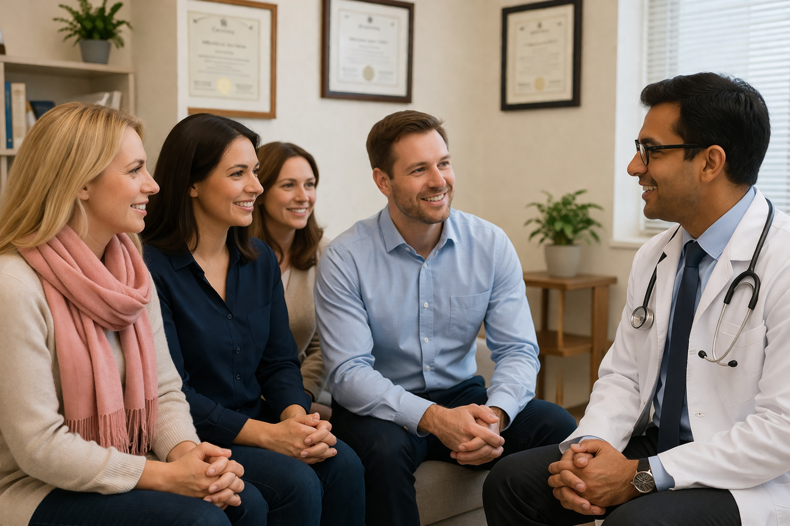 Diverse international patient family consulting with a board-certified regenerative medicine physician at TurkeyStemcell clinic about personalized mesenchymal stem cell treatment protocols and expected outcomes in Turkey