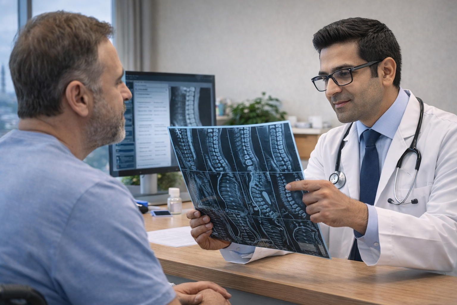 Neurologist reviewing spinal MRI during spinal cord injury stem cell therapy consultation at an Istanbul regenerative medicine clinic in Turkey