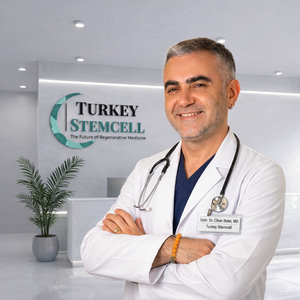 Portrait of Uzm. Dr. Cihan Bolat, MD — board-certified Anesthesiology and Reanimation Specialist and lead physician at TurkeyStemcell regenerative medicine clinic in Istanbul, Turkey, wearing a white coat and stethoscope in front of the TurkeyStemcell branded reception