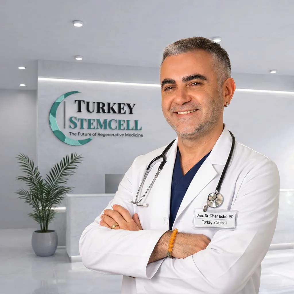 Portrait of Uzm. Dr. Cihan Bolat, MD — board-certified Anesthesiology and Reanimation Specialist and lead physician at TurkeyStemcell regenerative medicine clinic in Istanbul, Turkey, wearing a white coat and stethoscope in front of the TurkeyStemcell branded reception