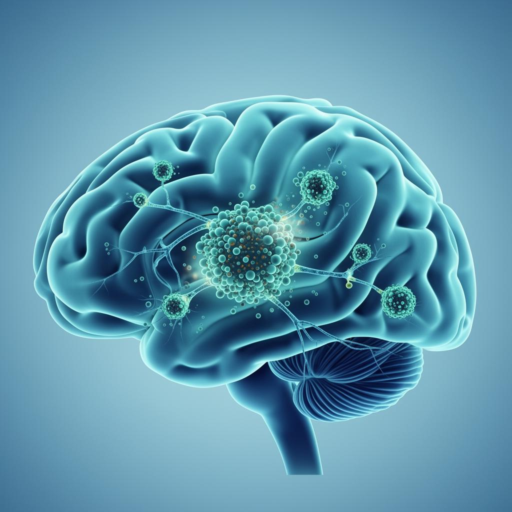 Scientific illustration of exosomes interacting with neurons in the brain showing neuroprotective signaling pathways relevant to Alzheimer's disease treatment