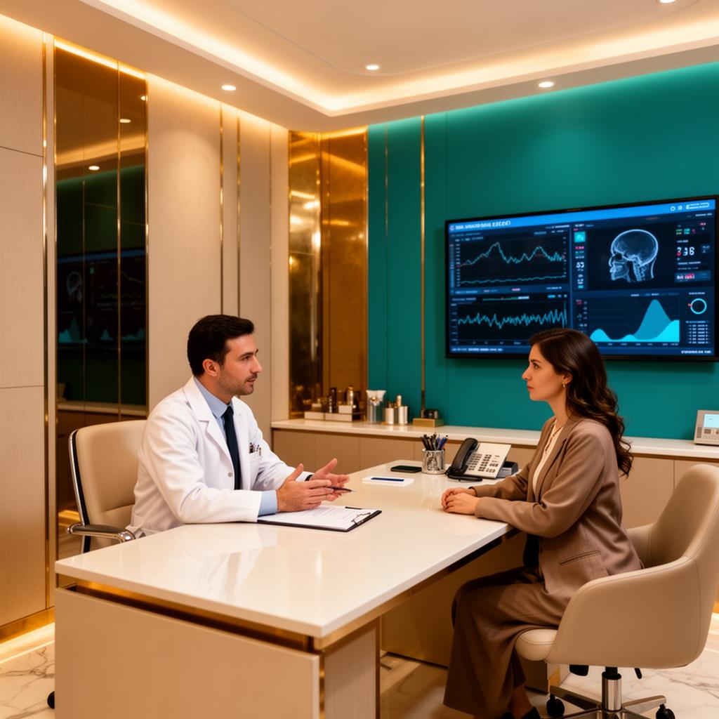 Regenerative medicine specialist at TurkeyStemcell clinic in Turkey discussing personalized exosome therapy treatment protocol with an international patient, reviewing diagnostic imaging results and medical history in a premium consultation room with advanced medical displays