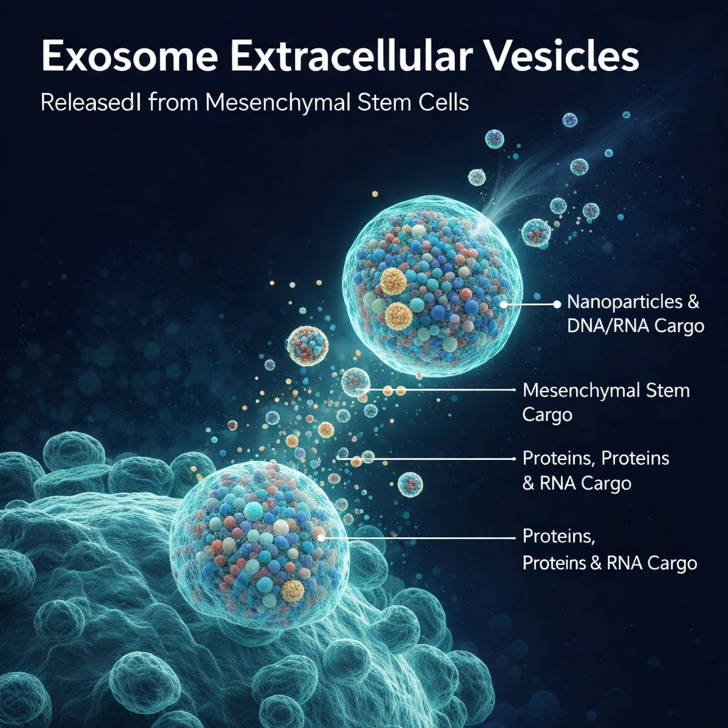Scientific visualization of MSC-derived exosome extracellular vesicles (30–150 nm) releasing bioactive cargo including VEGF, HGF, BDNF growth factors, mRNA transcripts, and regulatory microRNAs for cell-free regenerative medicine applications at TurkeyStemcell clinic in Turkey