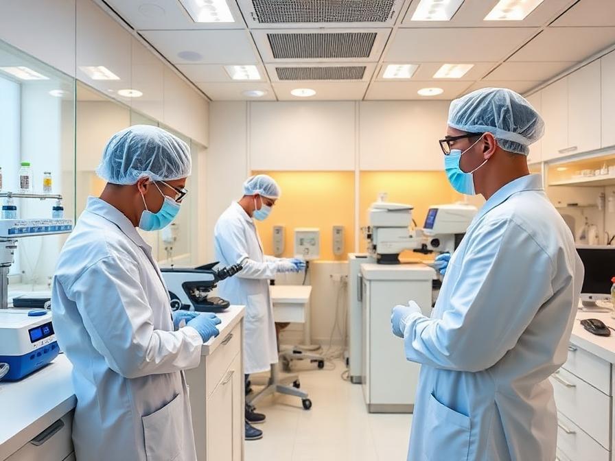 Medical scientists in sterile protective equipment performing quality control testing on mesenchymal stem cell preparations inside the GMP-aligned clean-room laboratory at TurkeyStemcell clinic in Turkey