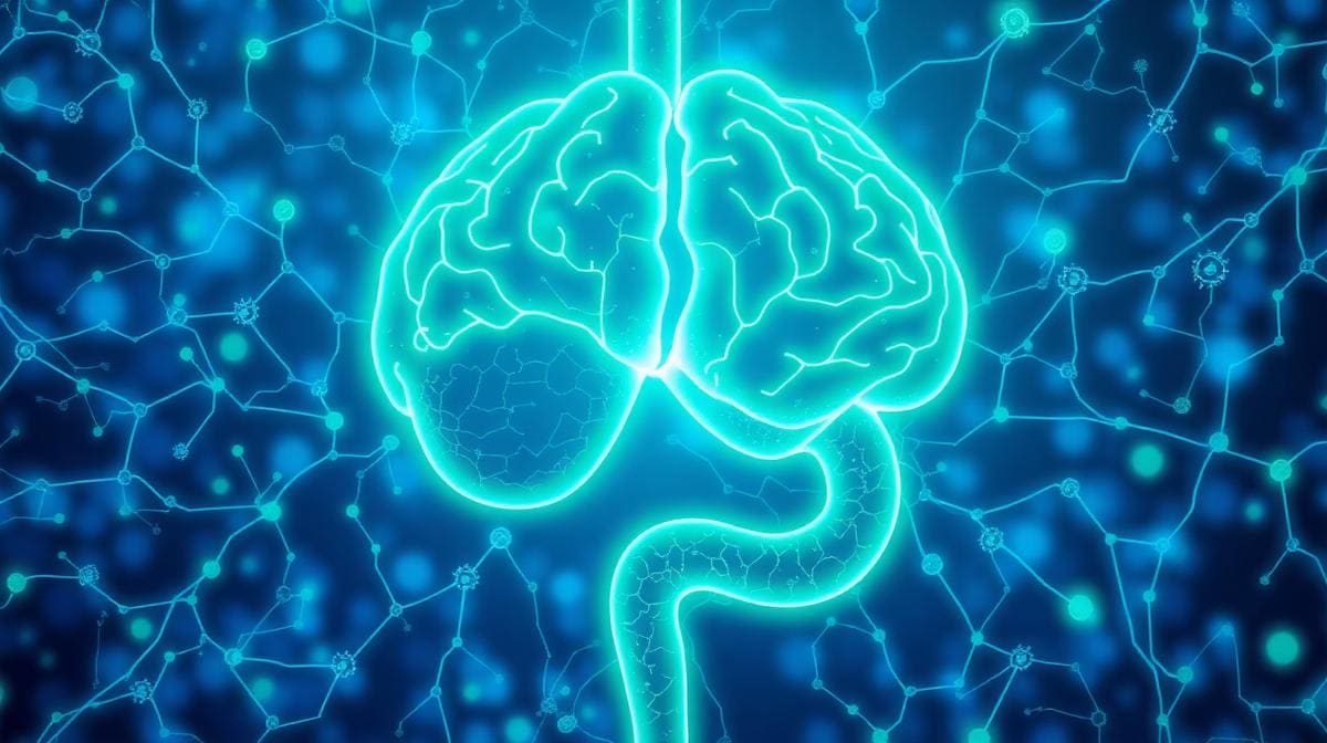 Scientific illustration of the gut-brain axis showing bidirectional communication between the gastrointestinal system and brain in autism research