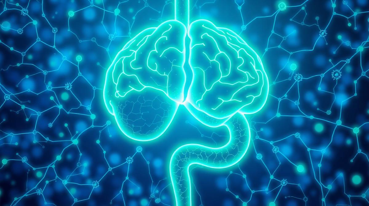 Scientific illustration of the gut-brain axis showing bidirectional communication between the gastrointestinal system and brain in autism research
