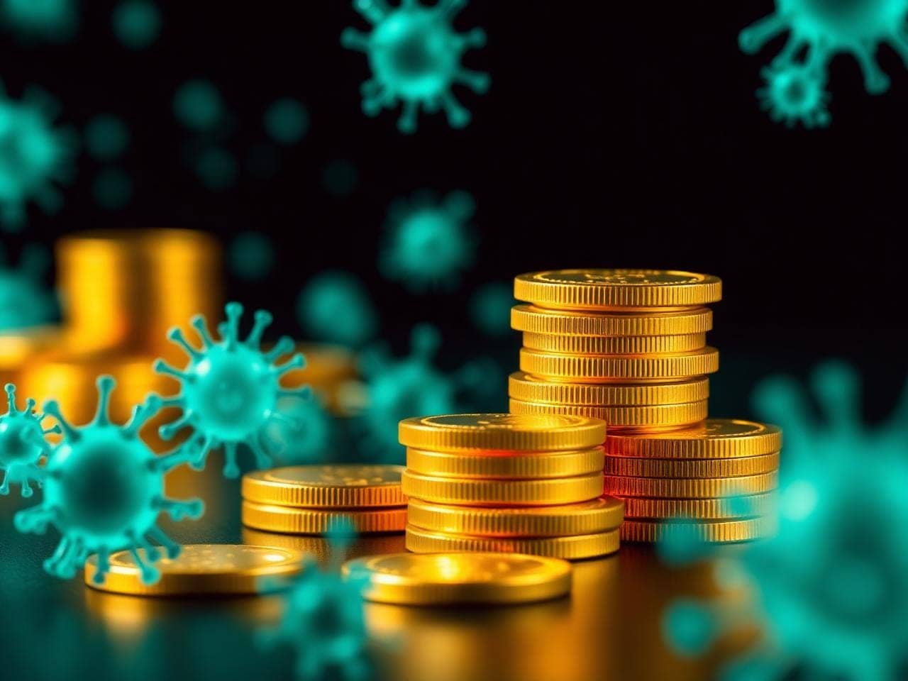 Gold coins and luminous stem cells representing affordable regenerative medicine