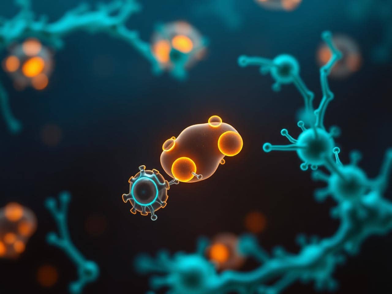 Glowing pancreatic islet cells with regenerative stem cells in teal and gold