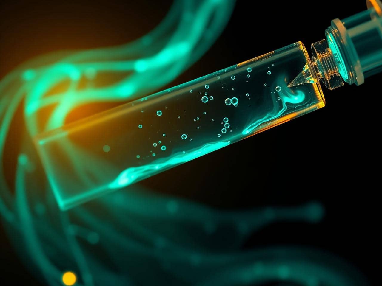 Luminous IV vial with swirling teal exosome particles