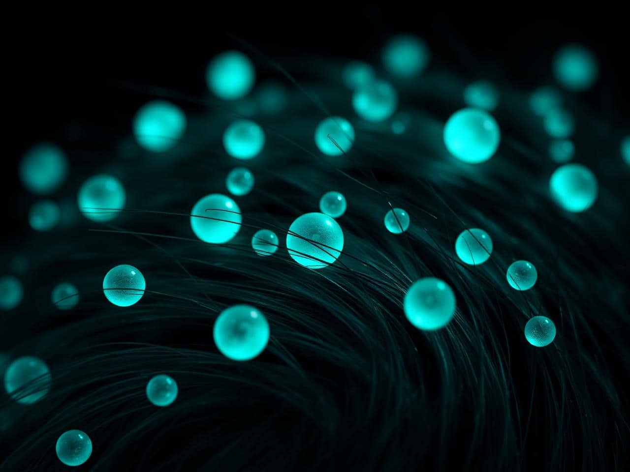 Glowing teal exosome particles regenerating hair follicles in macro view