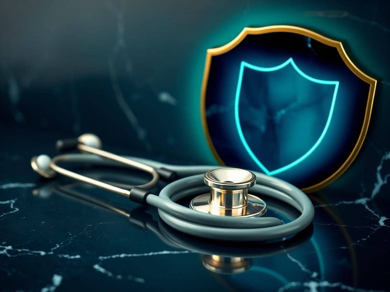 Elegant stethoscope and glowing teal shield emblem on dark marble
