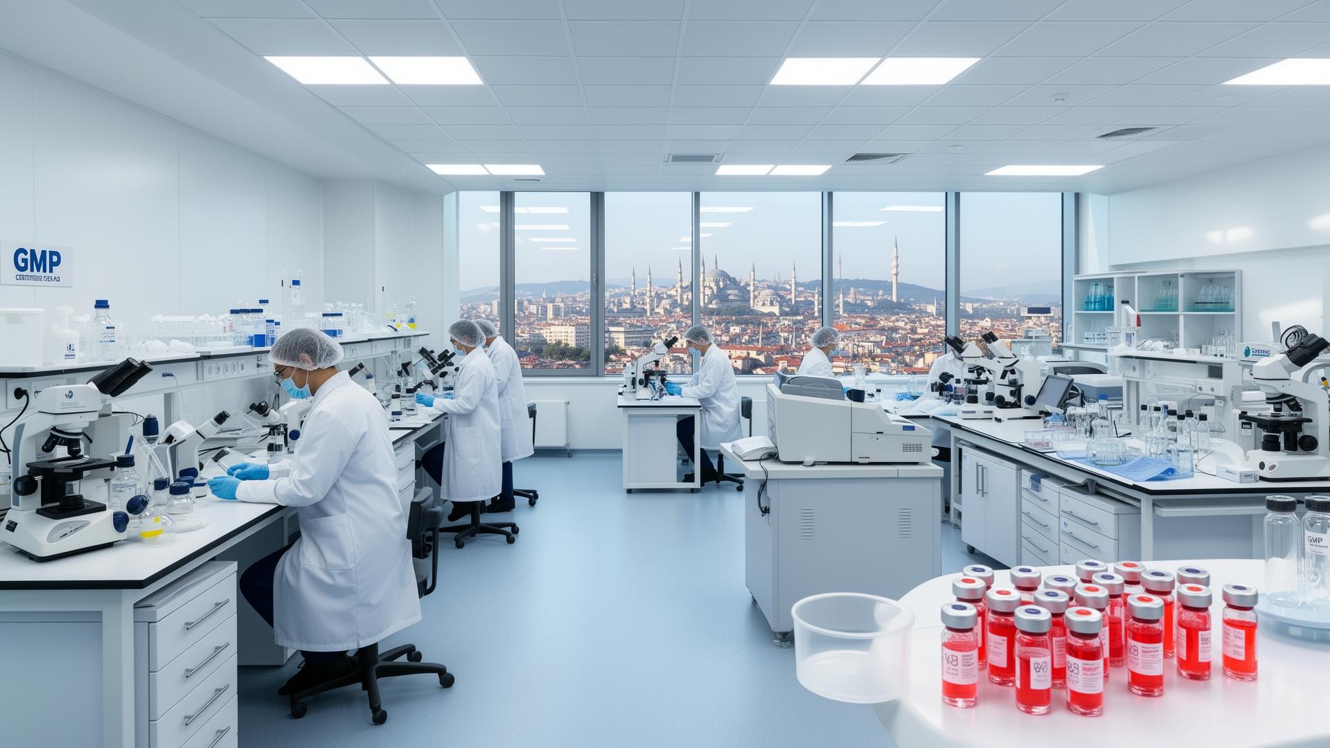 GMP-certified stem cell therapy laboratory in Istanbul Turkey with medical scientists preparing umbilical cord-derived mesenchymal stem cell treatments for international patients seeking regenerative medicine