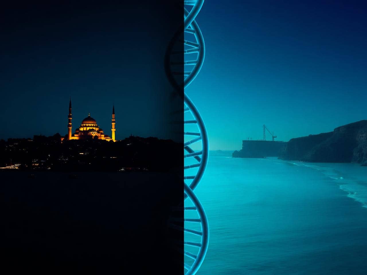 Istanbul skyline and Mexican coastline connected by a DNA helix