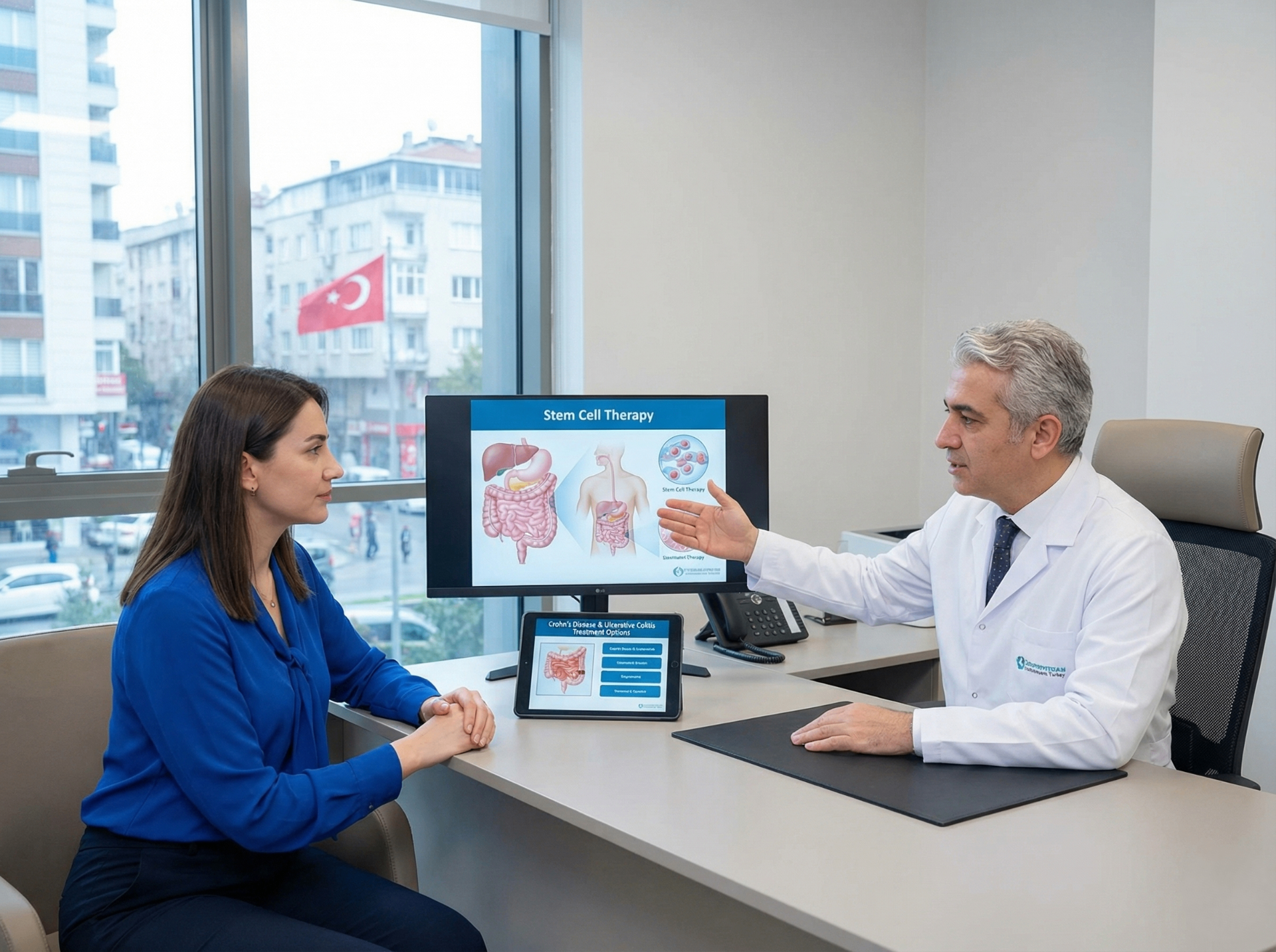 Gastroenterology consultation for inflammatory bowel disease stem cell therapy in Istanbul Turkey, discussing Crohn's disease and ulcerative colitis treatment options
