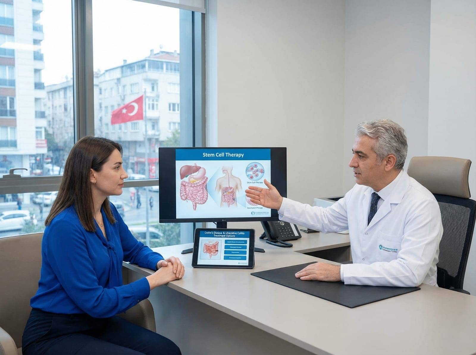 Gastroenterology consultation for inflammatory bowel disease stem cell therapy in Istanbul Turkey, discussing Crohn's disease and ulcerative colitis treatment options