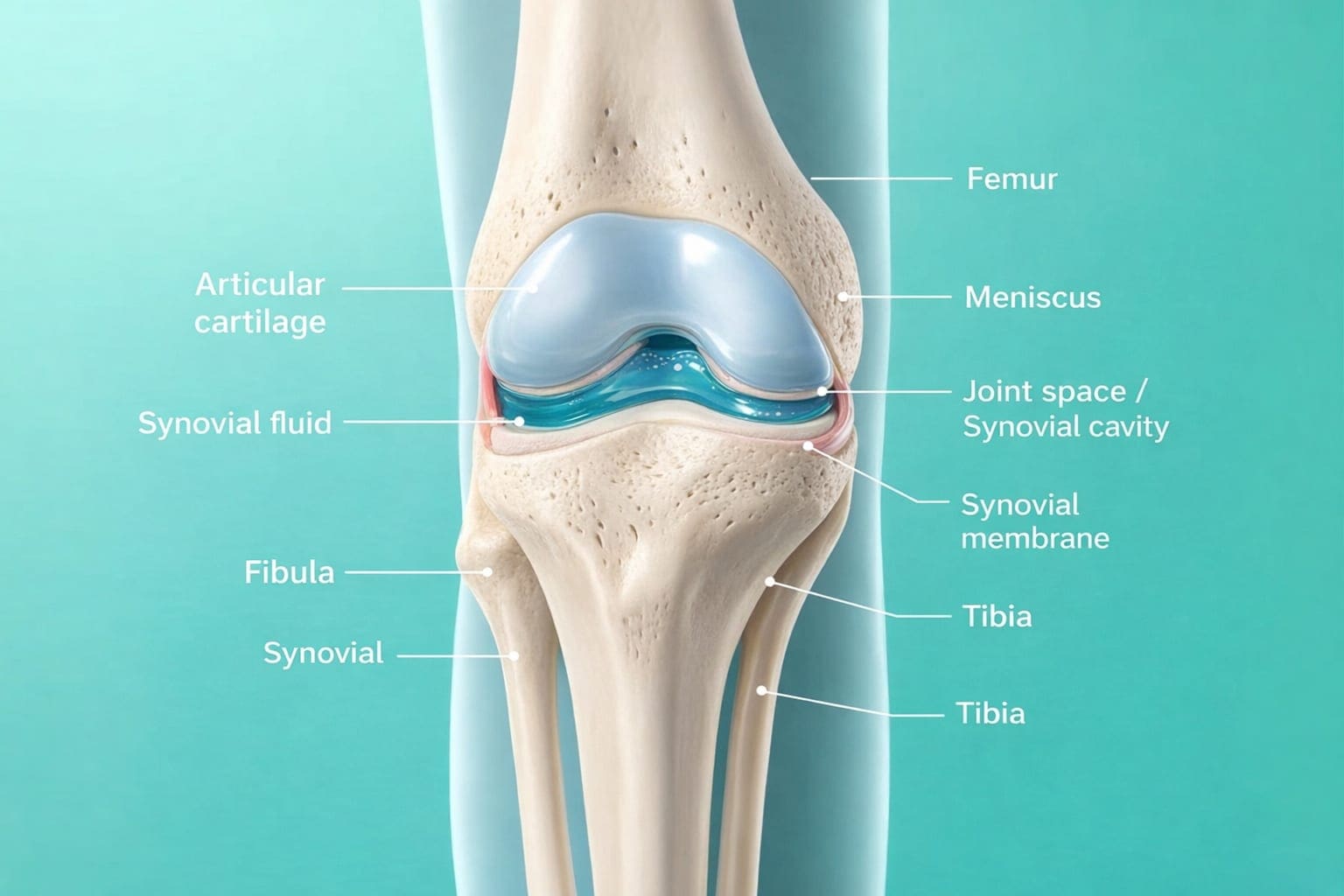 Detailed 3D anatomical illustration of the knee joint showing femur, tibia, articular cartilage, meniscus, synovial fluid, and synovial membrane — key structures targeted by regenerative stem cell therapy for knee osteoarthritis treatment in Istanbul, Turkey