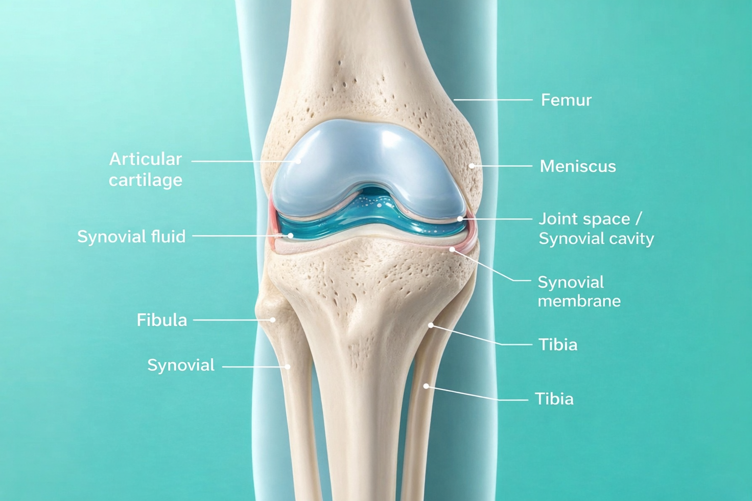 Detailed 3D anatomical illustration of the knee joint showing femur, tibia, articular cartilage, meniscus, synovial fluid, and synovial membrane — key structures targeted by regenerative stem cell therapy for knee osteoarthritis treatment in Istanbul, Turkey