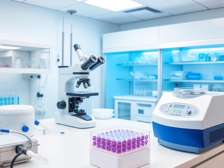 GMP-aligned regenerative medicine laboratory in Istanbul preparing concentrated Wharton's Jelly mesenchymal stem cells and exosome preparations for autism neurodevelopmental support protocols — showing microscopy, cell culture equipment, and quality control processes under sterile conditions in Turkey