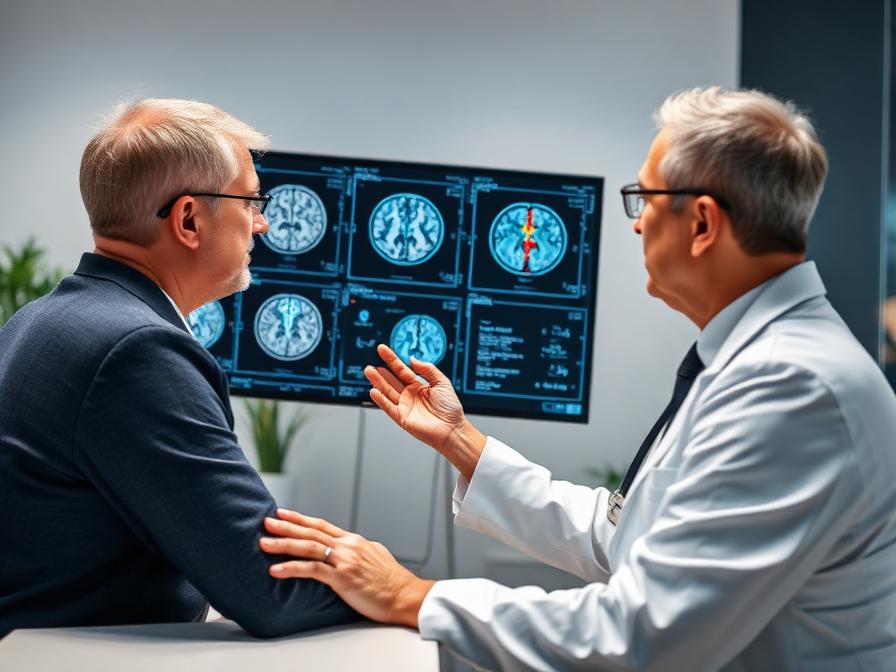 Neurologist reviewing brain MRI scan with patient during stem cell therapy consultation in Istanbul Turkey