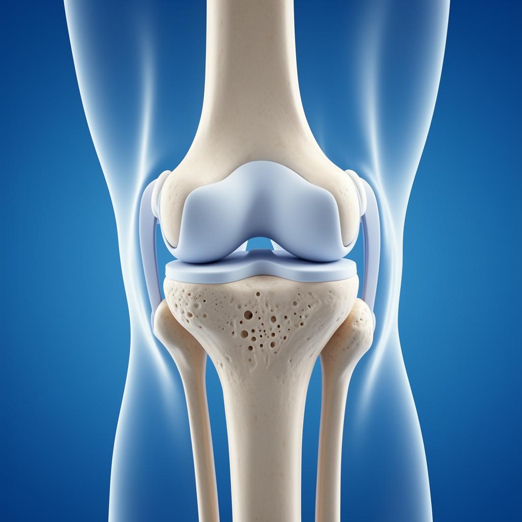 3D medical visualization of knee joint cartilage, meniscus, and bone structure illustrating intra-articular regenerative stem cell treatment targeting osteoarthritis and joint degeneration at TurkeyStemcell orthopedic clinic in Turkey