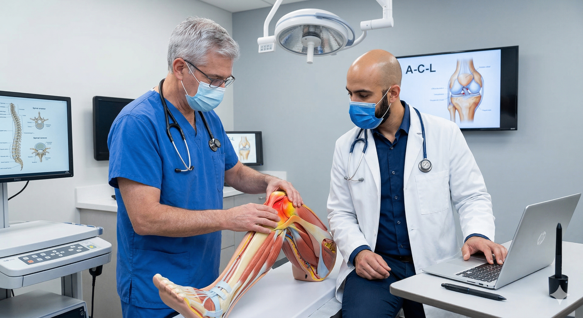 Orthopedic specialist examining patient's knee joint for stem cell therapy consultation in Istanbul Turkey