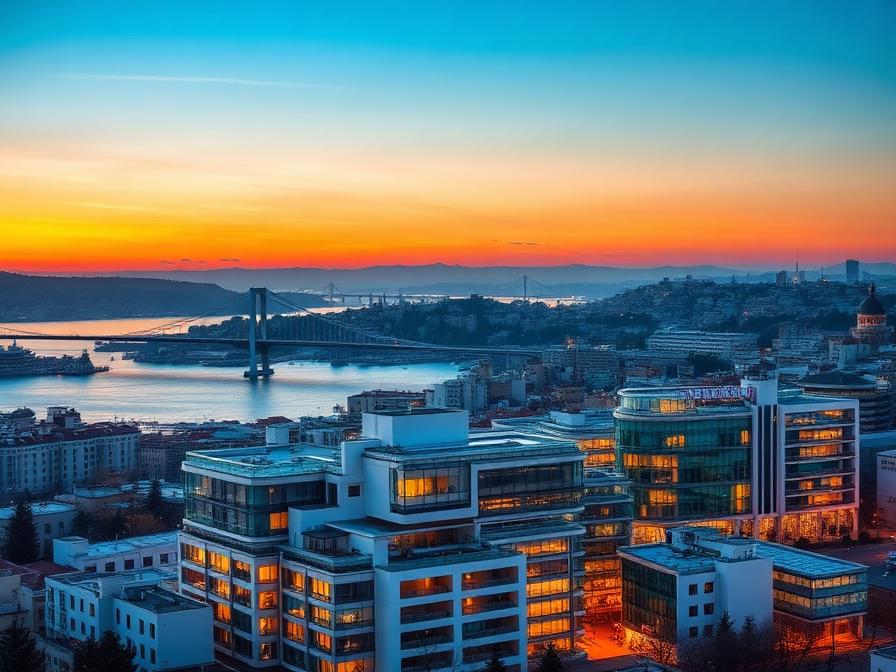 Istanbul skyline and modern medical district at sunset showing premium healthcare destination for orthopedic treatment