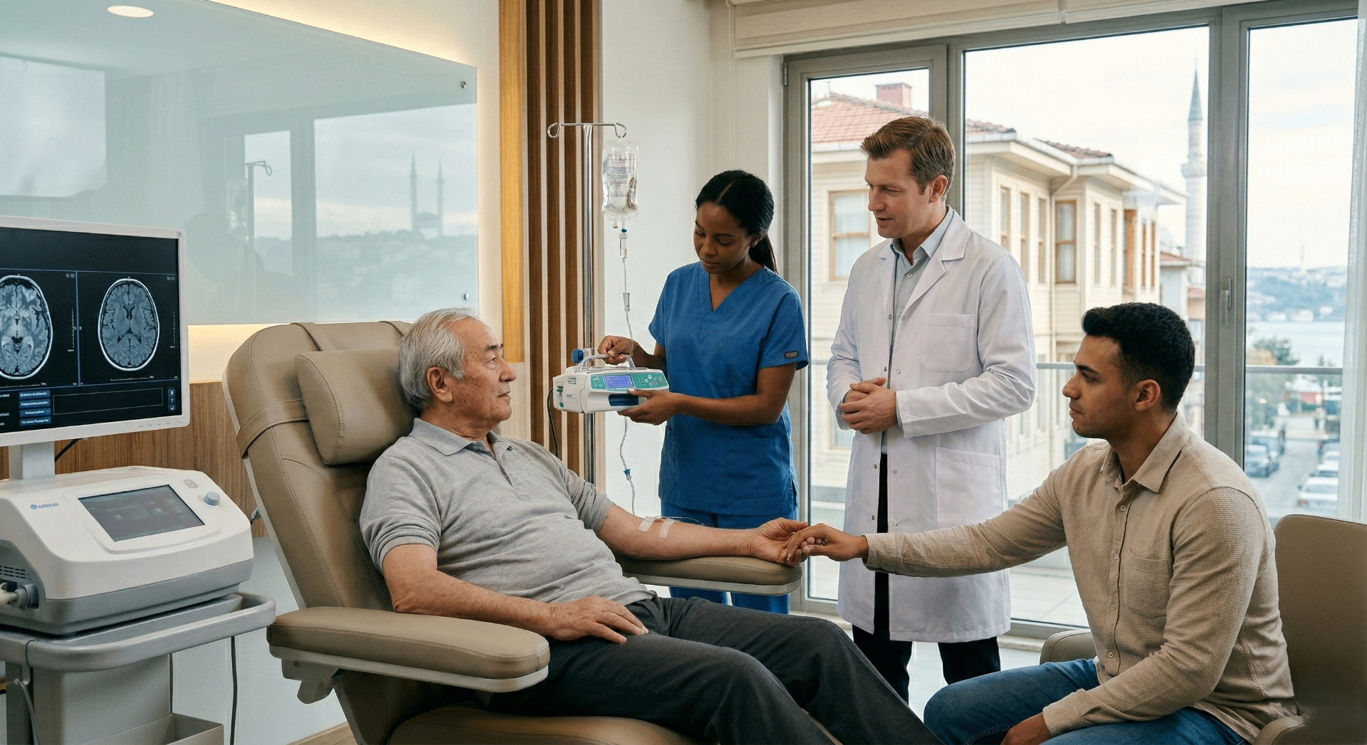 Post-stroke rehabilitation consultation at an Istanbul regenerative medicine clinic discussing stem cell therapy and neurological recovery support