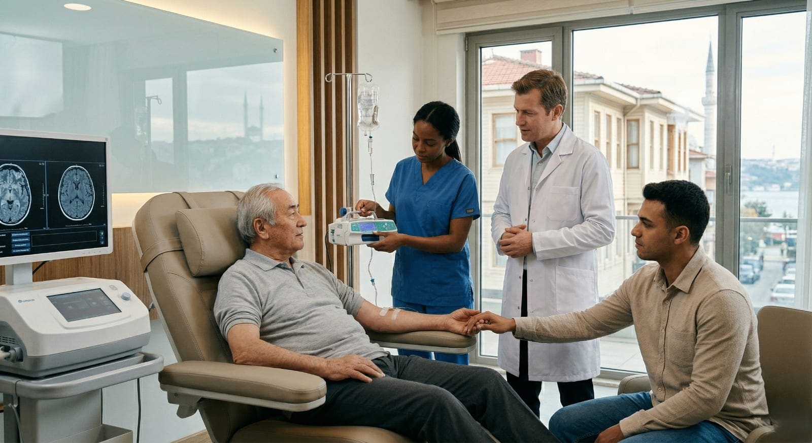 Post-stroke rehabilitation consultation at an Istanbul regenerative medicine clinic discussing stem cell therapy and neurological recovery support