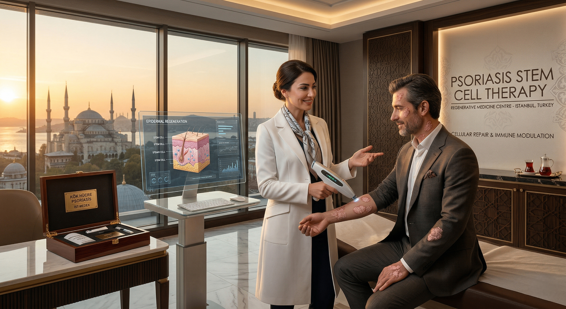 Dermatology consultation for psoriasis stem cell therapy at an Istanbul regenerative medicine clinic in Turkey