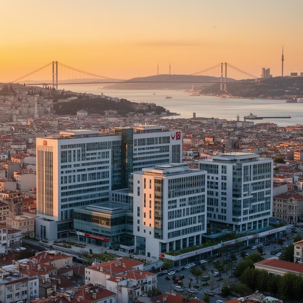 Panoramic view of Istanbul, Turkey showing modern medical district buildings alongside Bosphorus Bridge — destination for international ALS stem cell therapy patients