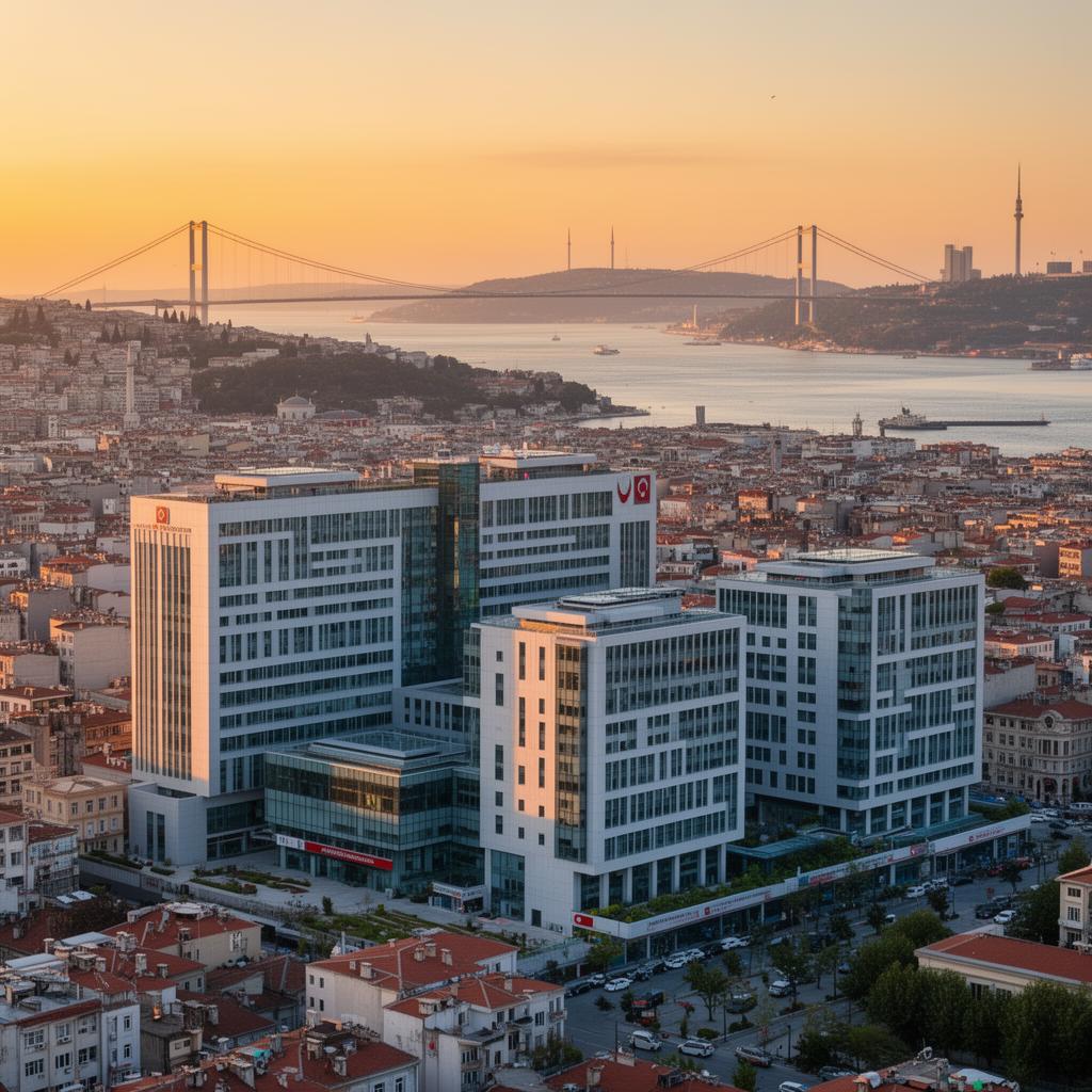 Panoramic view of Istanbul, Turkey showing modern medical district buildings alongside Bosphorus Bridge — destination for international ALS stem cell therapy patients