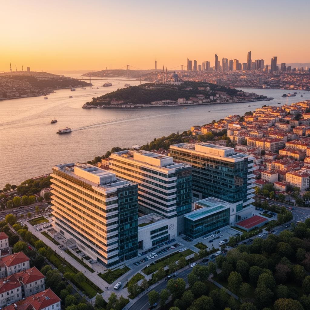 Aerial view of Istanbul Turkey with modern medical district and Bosphorus strait — leading destination for international Alzheimer's stem cell therapy patients