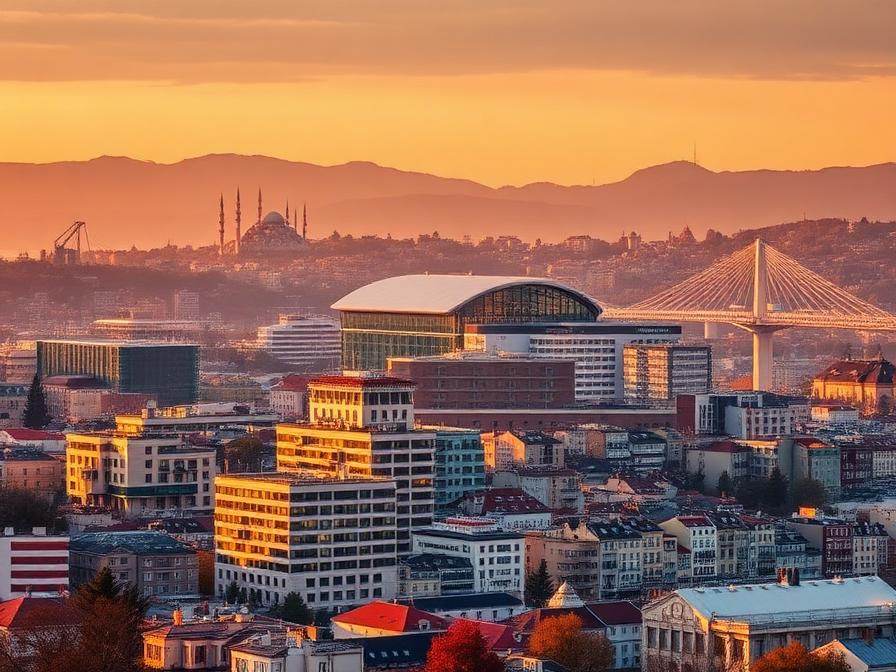 Panoramic golden-hour view of Istanbul Turkey's modern skyline and medical district showcasing the city's world-class healthcare infrastructure and strategic position as an international destination for regenerative medicine and mesenchymal stem cell therapy