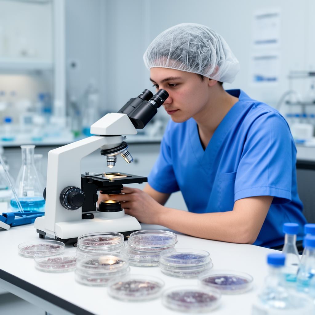 Scientist examining stem cell cultures under microscope in TurkeyStemcell's GMP laboratory
