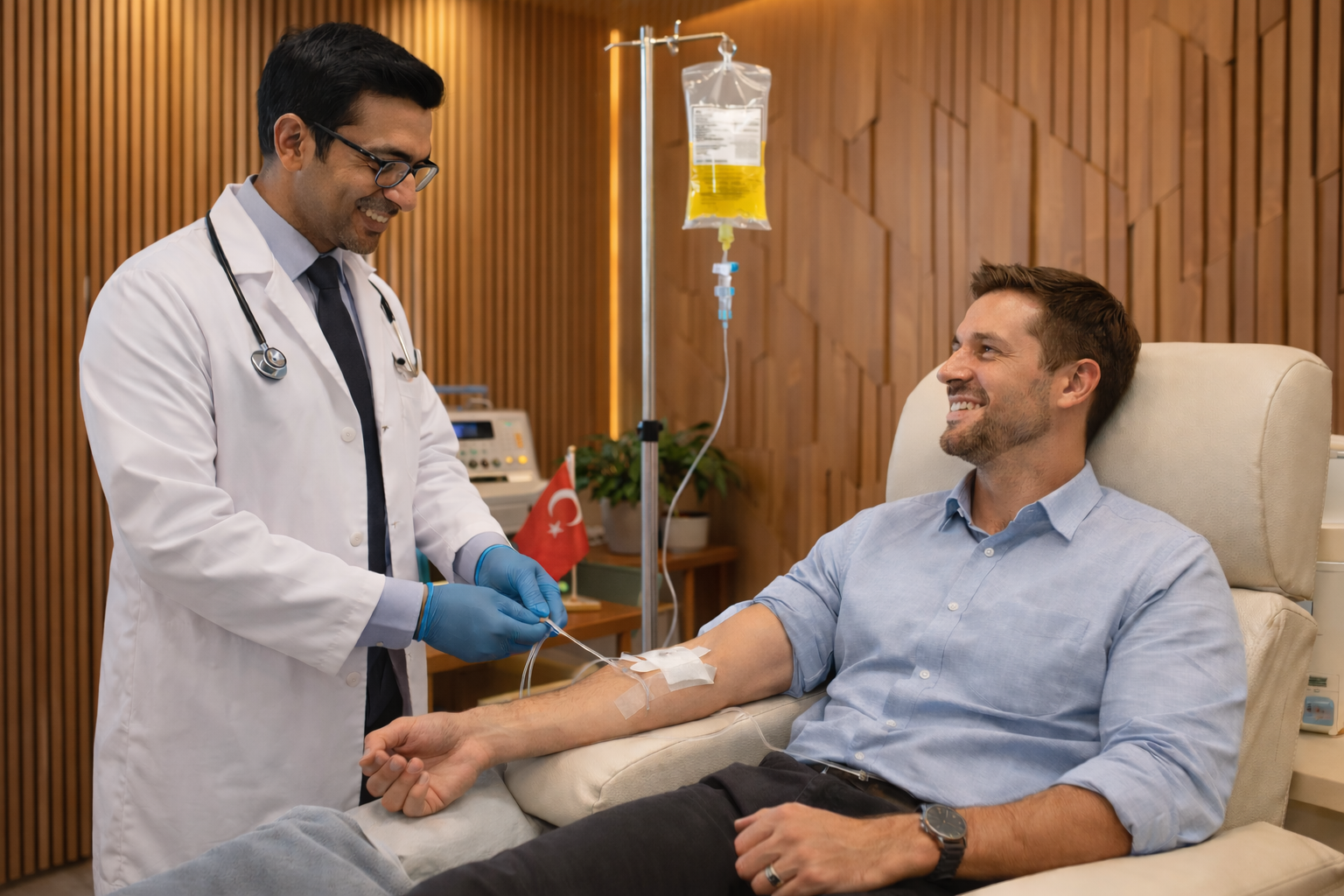 Board-certified regenerative medicine physician administering mesenchymal stem cell therapy via intravenous infusion to an international patient in a private treatment suite at TurkeyStemcell clinic in Turkey