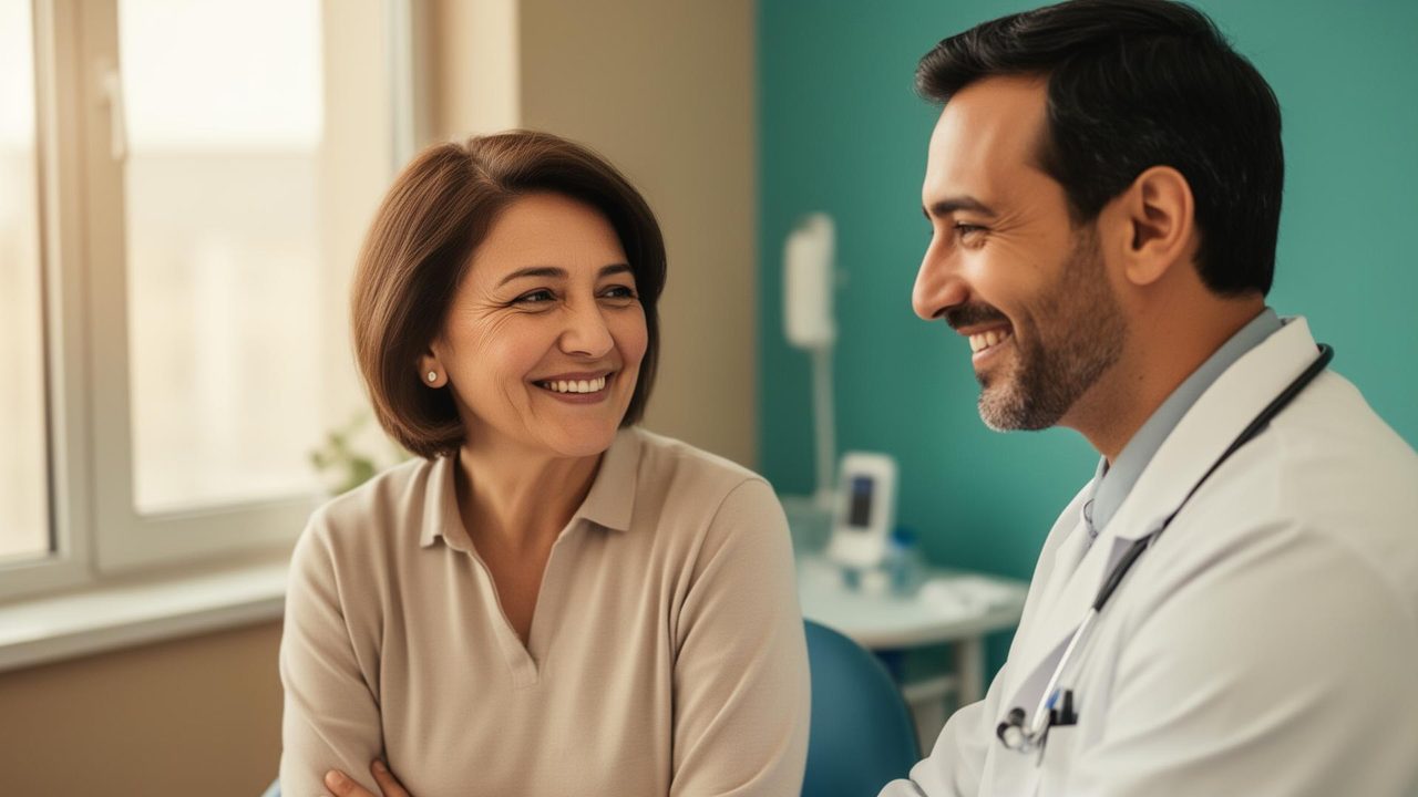 Smiling international patient and TurkeyStemcell physician discussing stem cell therapy outcomes during a consultation at the Istanbul regenerative medicine clinic