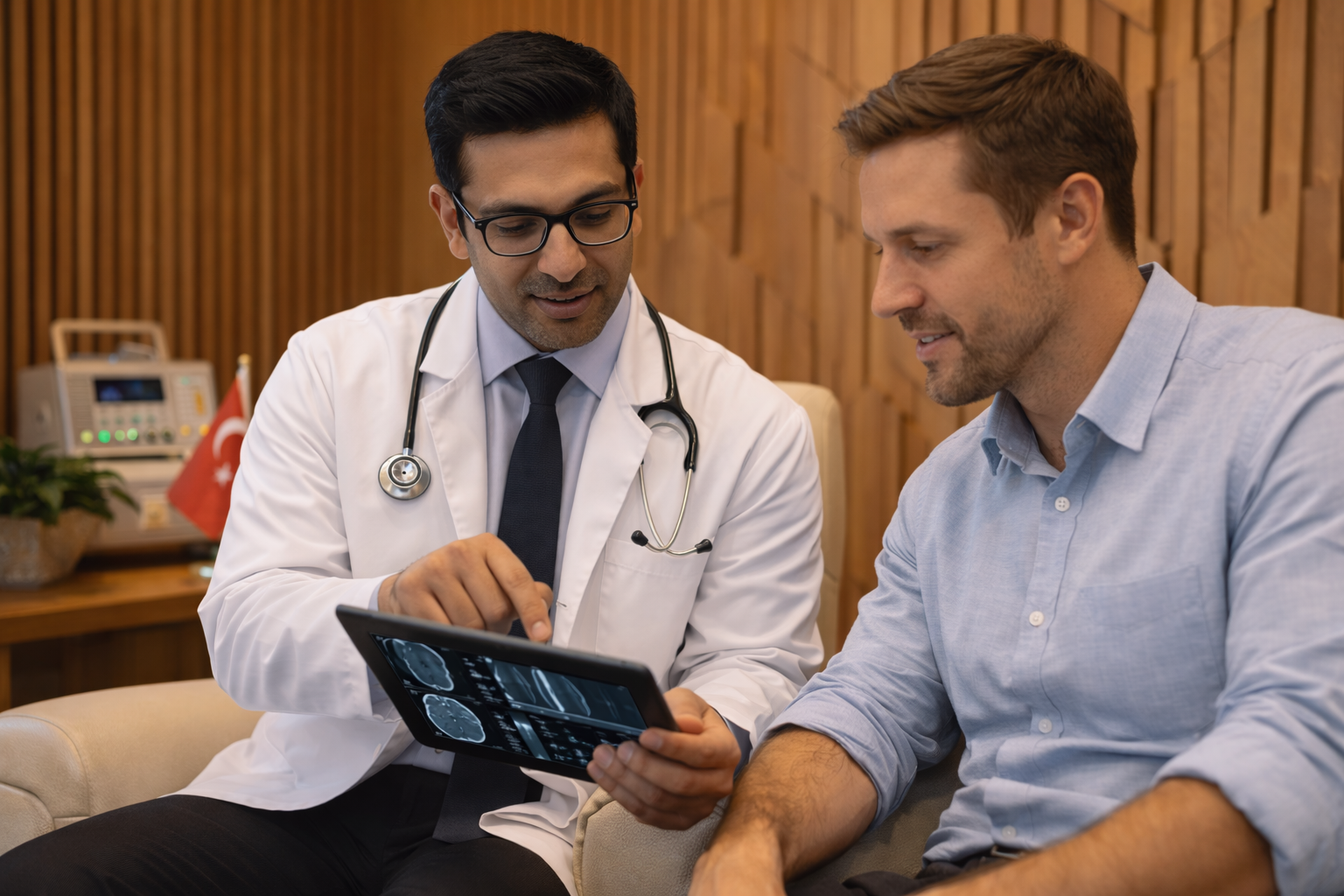 Board-certified regenerative medicine physicians reviewing patient medical imaging and diagnostic data on a tablet during personalized treatment planning consultation at TurkeyStemcell clinic in Turkey