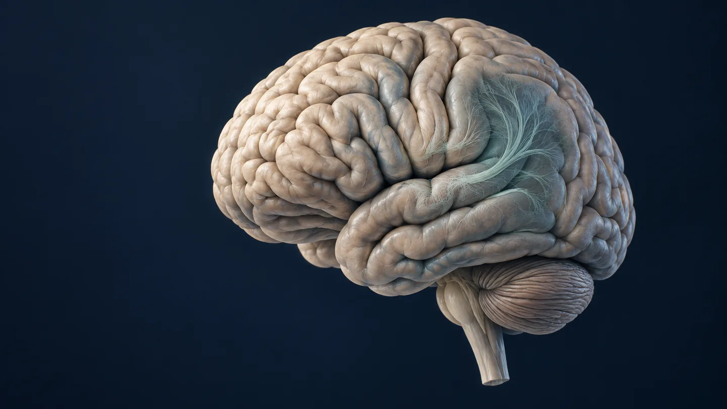Conceptual brain illustration with an illustrative neural-fiber overlay