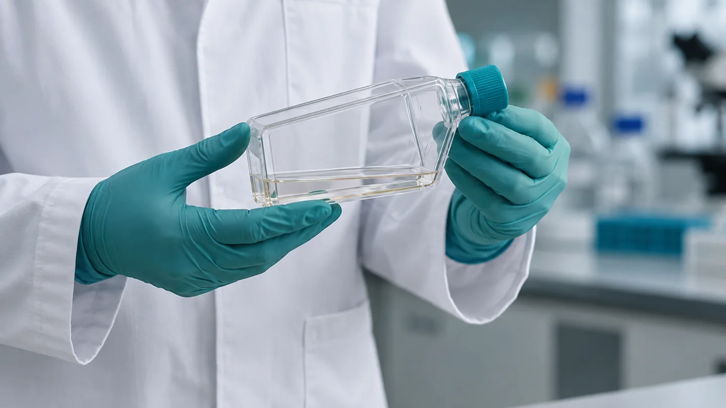Conceptual research scene of gloved hands inspecting a sealed culture flask.