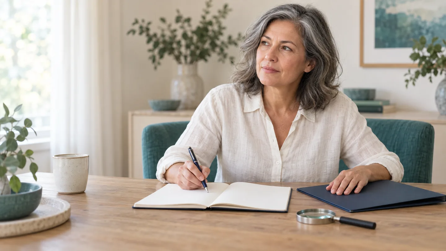 Conceptual editorial image of a fictional adult preparing questions at home beside a blank notebook and plain folder.